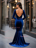 V Neck Trumpet Mermaid Backless Long Sleeve Velvet Prom Dress