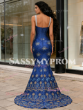 Trumpet Mermaid Royal Blue Straps Deep V Neck Embroidery Prom Dress