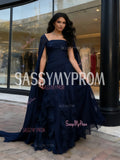 Long Sleeve Ruffles Navy Square Tulle A Line Prom Dress