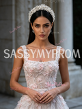 Straps A Line Pink Flowers Tulle Prom Dress