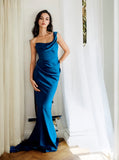 Ruched Sheath Column Blue One Shoulder Satin Prom Dress