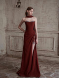 Sequin Beading Burgundy Sweetheart Prom Dress With Slit