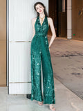 Green Sequin V Neck Sexy Jumpsuit