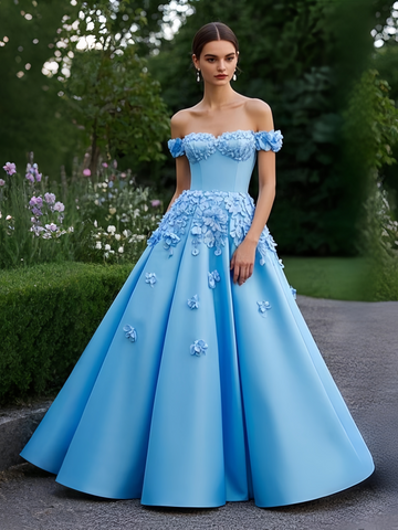 Off The Shoulder Blue Satin Flower Prom Dress