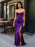 Purple Sweetheart Ruched Trumpet Mermaid Satin Prom Dress With Slit