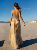 Cap Sleeve A Line Chiffon Gold Prom Dress With Slit