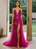 Tulle Trumpet Mermaid Fuchsia Deep V Neck Prom Dress With Slit