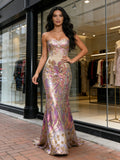 Strapless Sequin Trumpet Mermaid Colorful Pink Floral Prom Dress