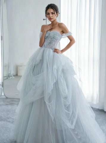 Ruffles Flowers A Line Blue Tulle Prom Dress