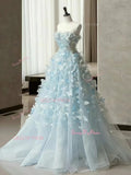 A Line Butterfly Tulle Light Blue Prom Dress