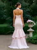 A Line High Low Ruffles Halter Satin Prom Dress