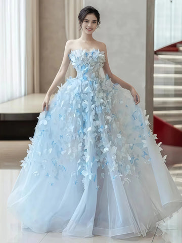 A Line Butterfly Tulle Light Blue Prom Dress
