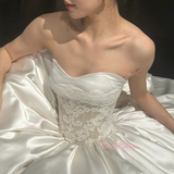 A Line Lace Sheer Strapless Satin Wedding Dress