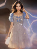 Sequin Tulle Short Mini Blue Short Sleeve Homecoming Dress