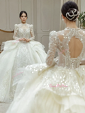 High Neck Long Sleeve Ball Gown Beading Wedding Dress