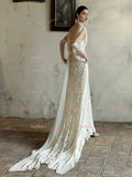 Trumpet Mermaid Sexy Lace V Neck Wedding Dress With Gloves