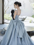 Satin A Line Tie Straps Light Blue Prom Dress