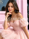 Tulle Off The Shoulder Blush Pink Short Mini Homecoming Dress