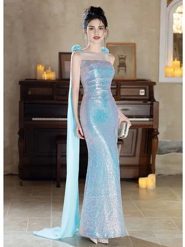 Sheer Neck Blue Trumpet Mermaid Prom Dress US14