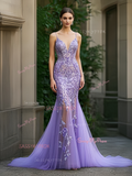 V Neck Trumpet Mermaid Purple Tulle Appliques Prom Dress