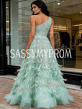 One Shoulder Green Feather A Line Sparkle Prom Dress