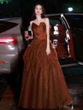 Sweetheart Tulle Ruffles Burgundy Ruched Prom Dress