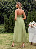 Tulle Sequin Backless Halter Green Prom Dress