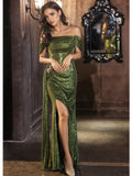 Off The Shoulder Green Ruched Prom Dress With Slit