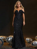 Off The Shoulder Sequin Black Trumpet Mermaid Prom Dress