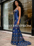 Trumpet Mermaid Royal Blue Straps Deep V Neck Embroidery Prom Dress