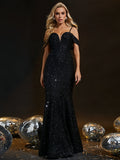 Off The Shoulder Sequin Black Trumpet Mermaid Prom Dress