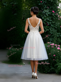 Tea Length Tulle Appliques A Line V Neck Wedding Dress