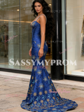 Trumpet Mermaid Royal Blue Straps Deep V Neck Embroidery Prom Dress