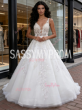 A Line Tulle Sleeveless V Neck Appliques White Wedding Dress