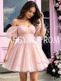 Tulle Off The Shoulder Blush Pink Short Mini Homecoming Dress