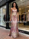 Strapless Sequin Trumpet Mermaid Colorful Pink Floral Prom Dress