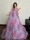 Tulle Flower Sweetheart Purple A Line Prom Dress