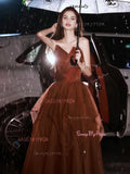Sweetheart Tulle Ruffles Burgundy Ruched Prom Dress