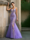 V Neck Trumpet Mermaid Purple Tulle Appliques Prom Dress