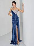 Trumpet Mermaid Blue Velvet Sequin Prom Dress With Slit