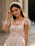 Straps A Line Pink Flowers Tulle Prom Dress