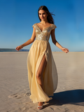 Cap Sleeve A Line Chiffon Gold Prom Dress With Slit