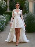 Long Sleeves Lace High Neck High Low Wedding Dress