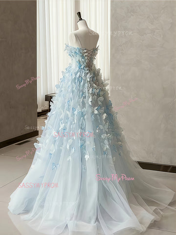 A Line Butterfly Tulle Light Blue Prom Dress Champagne A Line Butterfly Tulle Light Blue Prom Dress Champagne