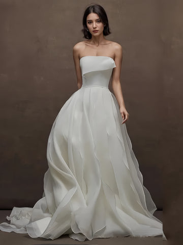 Ruffle A Line Simple Tulle Strapless Wedding Dress