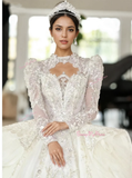 High Neck Long Sleeve Ball Gown Beading Wedding Dress