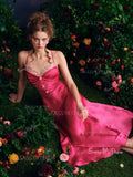 Lace Flowers Pink Elastic Satin Spaghetti Straps Prom Dress
