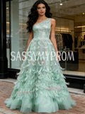 One Shoulder Green Feather A Line Sparkle Prom Dress