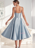 Light Blue A Line Spaghetti Straps Backless Satin Prom Dress