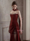 Sequin Beading Burgundy Sweetheart Prom Dress With Slit